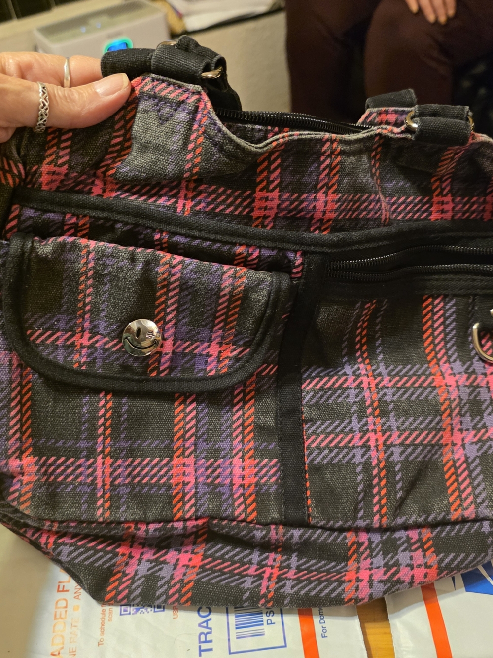 Joe Boxer Black Plaid Shoulder Bag with Pink & Purple Accents
